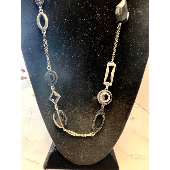Lia Sophia Silver Tone & Black Geometric Link Necklace 18" Rhinestone Accent - Picture 4 of 7